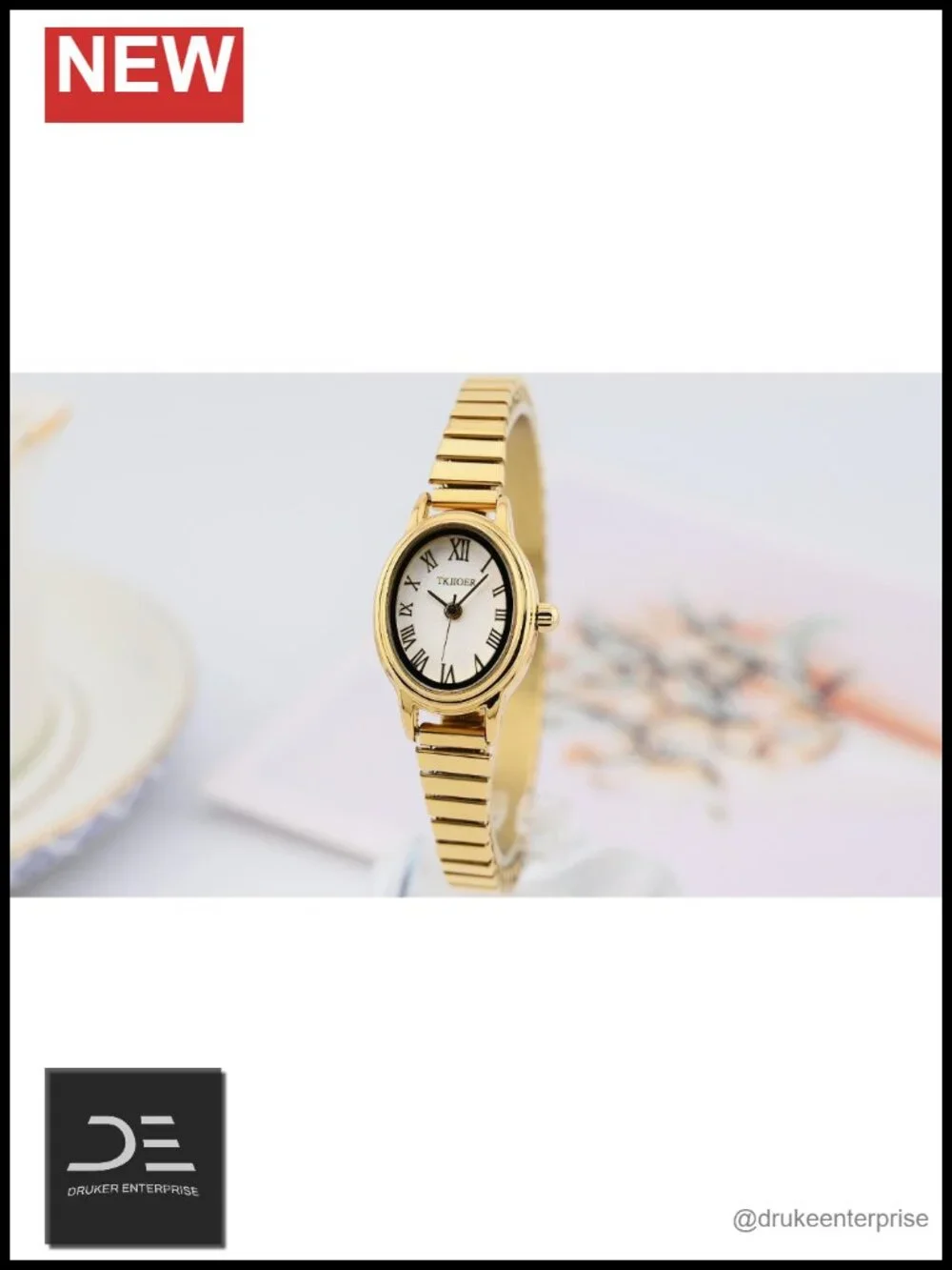 Small Gold Watches for Women, Oval Case, Stainless Steel Expansion Band,
